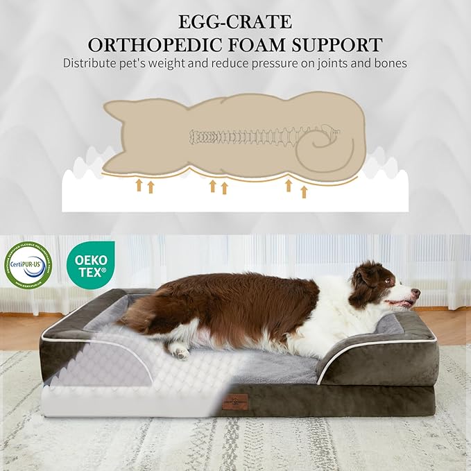 Comfort Expression Orthopedic Dog Bed for Extra Large Dogs 53x42 Inch, Waterproof Egg Crate Foam XXL Pet Bed with Removable Bolsters, Dog Couch with Washable Cover & Non-Slip Bottom, Dark Green