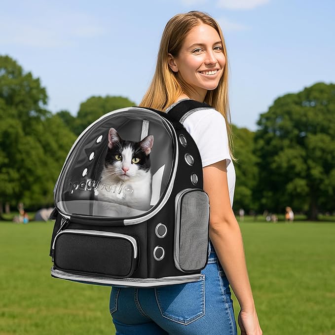 Pawstrip Cat Backpack Carrier with Large Space Bubble Window, Airline Approved Breathable Pet Carrier for Small Dogs Cats up to 15lbs, Foldable for Travel Hiking & Outdoor Use