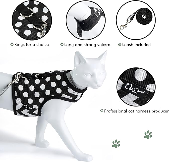 Cat Harness and Leash for Walking Escape Proof, Adjustable Cat Vest Harness, Padded Stylish Cat Walking Jackets, Polka Dot Black, XX-Large