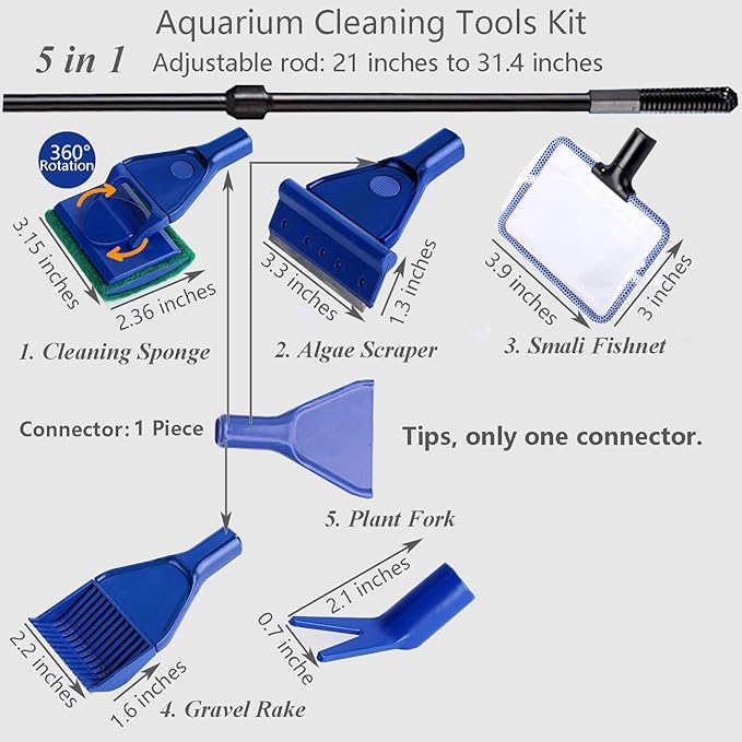 Aquarium Cleaning Tools Kit 5 In 1 Function for Long Deep Fish Tank, Adjustable Length Rod, Including Algae Scrape, Cleaning Sponge, 3.9" Small Fishnet, Gravel Rake, Plant Fork