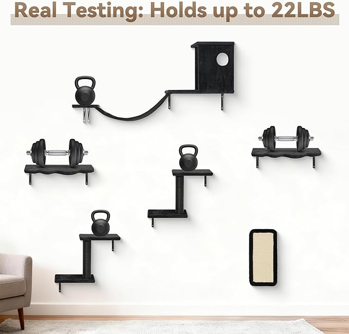 6-in-1 Cat Wall Shelves, Wall-Mounted Cat Furniture for Indoor Kittens, Modern Floating Shelves with Scratching Posts, Bed, Perch, Bridge, Condo, Steps and Scratcher, Space-Saving Gym, Black