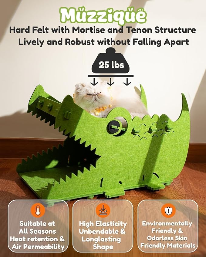 Cat Bed House, for 25 LBs Indoor Cats&Small Dogs, Large Cute Crocodile Felt Pet Perch, Insulated Washable Kitten Playhouse, Peekaboo Kitty Cave, Enclosed Puppy Nest, Multi Layer Bedside Cube Furniture