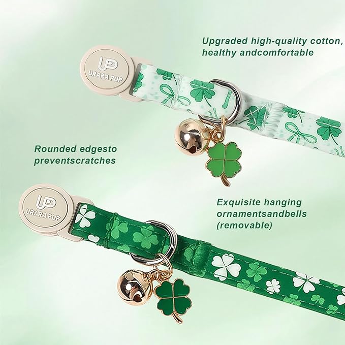 Cat Collar,2Pack St.Patrick's Day Cat Collars Cute Breakaway Kitty Collars,Spring Green Shamrock Cat Collar with Bell, Lucky Clover Kitten Collars with Safety Buckle for Girl & Boy Cats