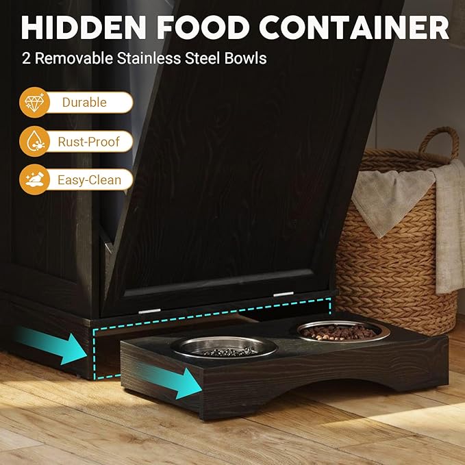 21’’W Dog Feeding Station with Storage, Tilt Out Dog Food Cabinet with Drawer, 2 Feeding Bowls, Pet Food Storage, Cat Feeding Station, Dogs Storage Organizer, (Black, Single Door)
