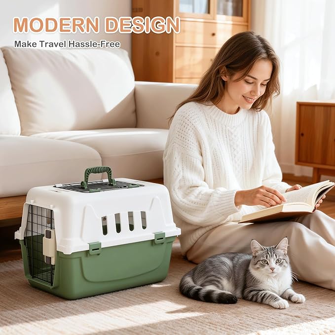 MoNiBloom 18-Inch 2-Door Top Loading Cat Carrier, Plastic Dog Crate Hard-Sided Dog Travel Carrier for Small Dogs and Cats, Ventilation and Security Lock Design for Pets up to 10 lbs (Green)