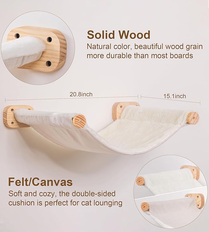 Cat Wall Hammock Set of 3, Wall Shelves with 1 Floating Fabric Hammock, 2 Cat Ladders with 4 Steps Each, Wall Mounted Bed Furniture & Climber for Large Cats
