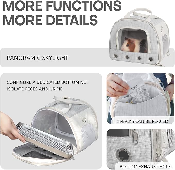 Gray Rabbit Travel Bag with Panoramic Skylight & Bottom Mesh | Odor Control Carrier for Squirrel/Small Birds | Outdoor Adventure Gear with Snack Pocket (Gray)