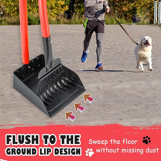 MXF Pooper Scooper, Dog Pooper Scooper Long Handle Stainless Metal Tray and Rake Set for Medium Small Dogs Heavy Duty - Use on Grass, Dirt or Gravel - Red