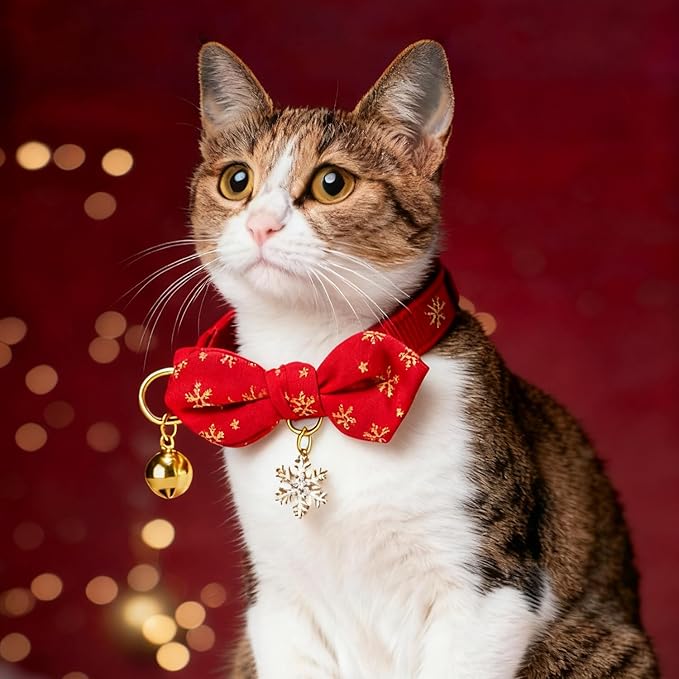 2 Pack Christmas Cat Collar with Bell and Removeable Bunny Bowtie,with Bling Snowflake Charm and Printing Pattern, Safety Breakaway Clasp, Adjustable for Kitten and Cats Green and Red.