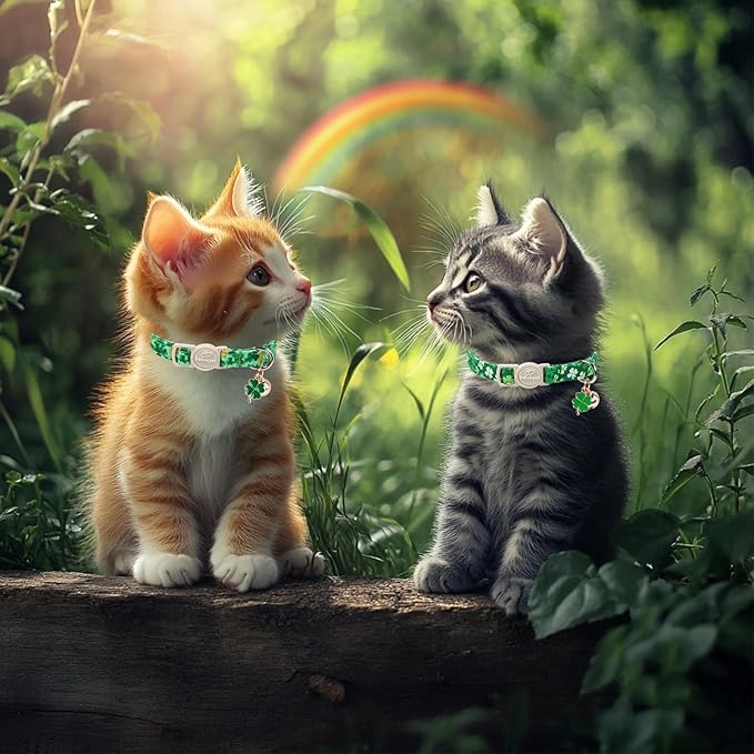 2 Pack St. Patrick’s Day Cat Collars - Breakaway Cat Collar with Bell, Lucky Clover Pendant, Adjustable Cute Green Bold Shamrock Kitten Collars for Boy Girl Cats