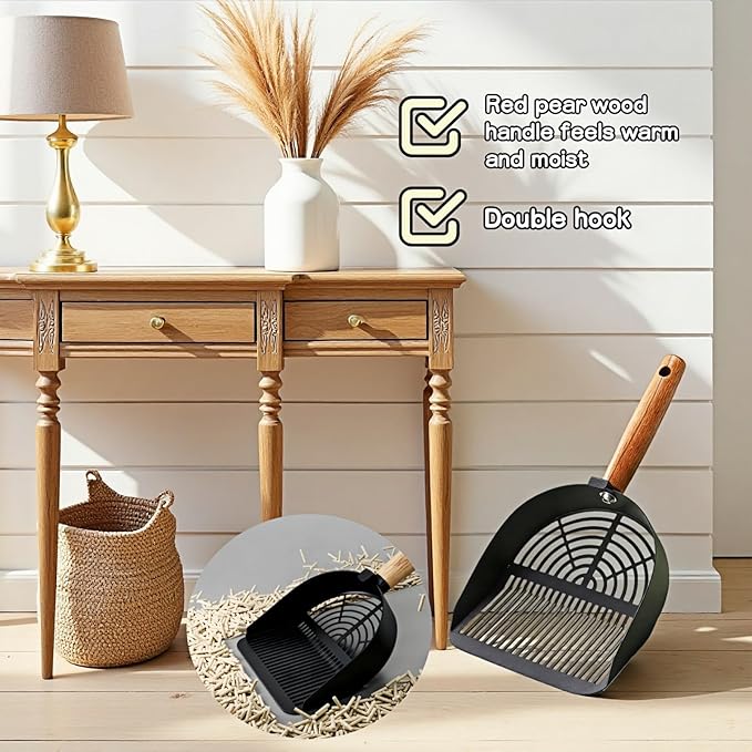 Chinshwehaw Premium Stainless Steel Cat Litter Scoop-Triple Guard Walls&Non-Stick Design,Silver,Flat Shovel Head Design Solid Deep Edge Wood Handle,Dual Hooks 1Pack,6.1x5.3inch (Black Long Strip)