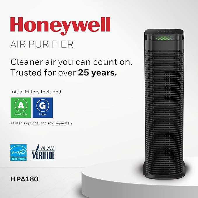 Honeywell HEPA Air Purifier for Home, 990 Ft² Rooms in 1 hour, HEPA Filter, Auto Mode, Air Quality Indicator, Reduces Allergens, Dust, Pollen, Pet Dander, All Smoke Types, Odors, Black, HPA180