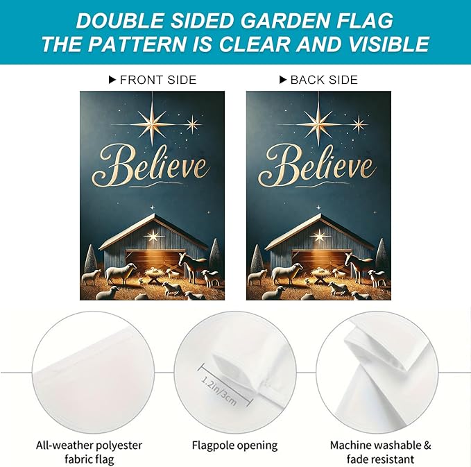 Christmas Nativity Garden Flag 12x18 Double Sided Believe Starry Night Stable Yard Flag Gold Text Blue Background Winter Outdoor Garden Decor Lawn Porch Patio Holiday Banner