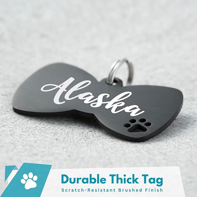 Ultra Joys Dog Tags Personalized for Pets - Hollow Paw Custom Pet ID Tag - Engraved Dog Tag for Small, Large Dogs - Large Bow Tie in Black