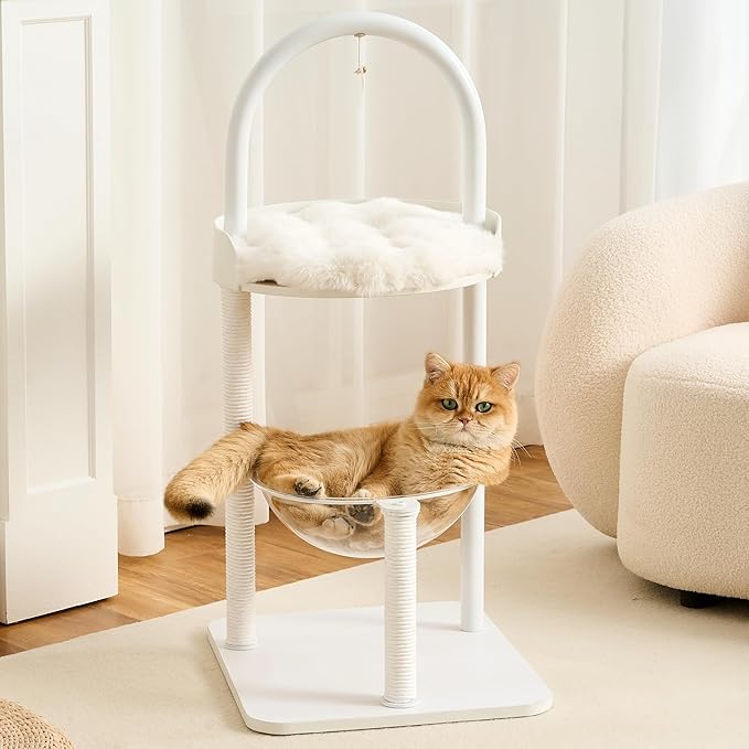 Modern Cat Tree Tower for Indoor Cats up to 12lbs, 34" H Furniture-Style Metal Cat Tower with Scratching Posts, Wood Cat Bed with Soft Plush Cushion Washable, Acrylic Capsule, Soft White