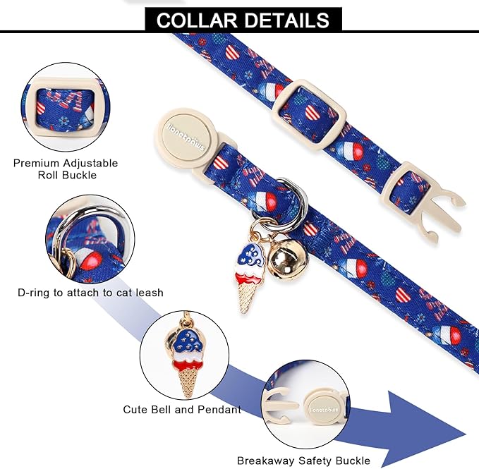 Lionet Paws 2pcs Pack 4th of July Cat Collar,Summer Cat Collars with Popsicle and USA Pattern,Cute Adjustable Cat Collar for Girl Boy Cats