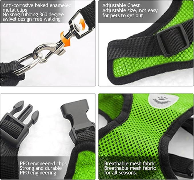 shudyear Summer cat Chest Harness and Leash, Anti-Escape Adjustable Soft mesh cat Leash and Chest Harness Set for All Types of Cats cat Vests (Size XL,Green)