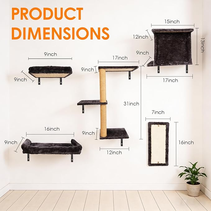 5in1 Cat Wall Shelves Climbing Systems, Large Cat Furniture Shelf Set Wall Hanging Mounted, Sisal Scratching Perch Bed 2 Steps Tower Tree for Indoor House Corner Ladder
