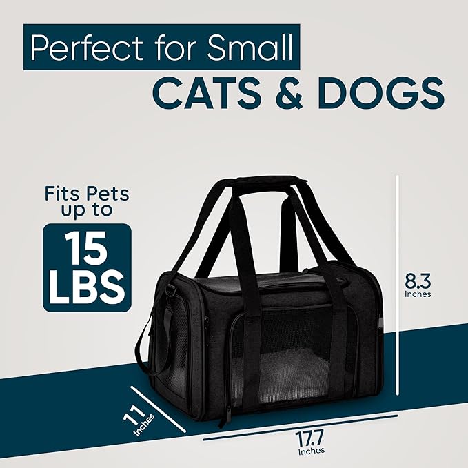 Pet Travel Carrier Bag – Airline Approved Soft-Sided Dog & Cat Carrier, Foldable, Breathable Mesh, Washable Pad – Fits Pets up to 15 lbs – The Pup Quartet (Black)