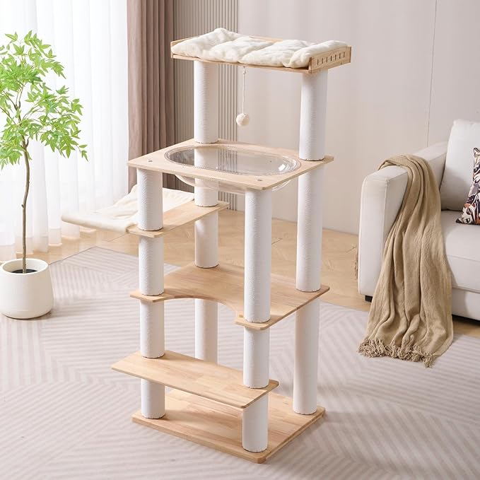 SHENGOCASE Modern Natural Wooden Wood Cat Tree Tower Condo, Extra Large Top Platform Perch, 57" Tall, Big Clear Capsule Bowl Bed, for Maine Coon Indoor Cats
