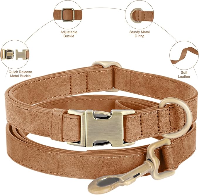 Genuine Leather Dog Collar - Adjustable Pet Collar with Quick Release Metal Buckle, Soft Skin Friendly Real Leather Collar for Small, Medium, Large Dogs (Brown, S：Fit 8-16" Neck)