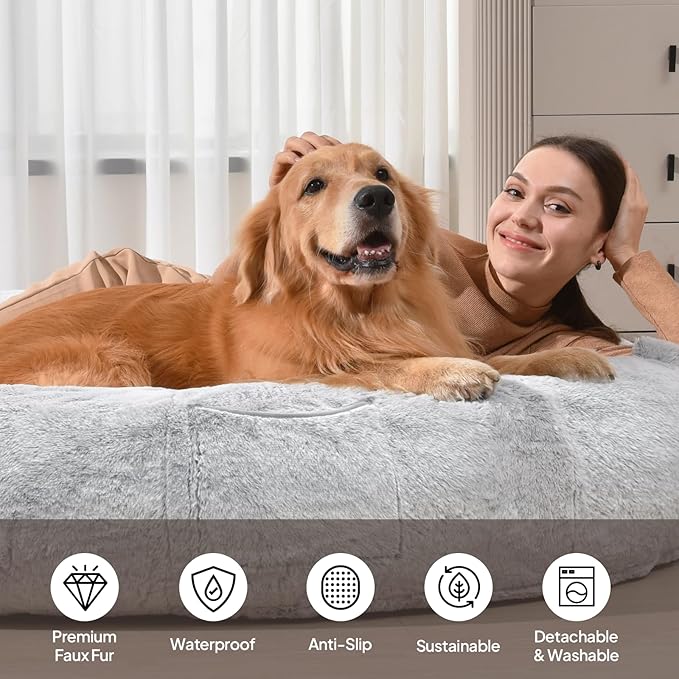 Giant Human Sized Dog Bed for Adults and Pets, 74"x50"x12" Pressure Relieving Memory Foam for Ultimate Comfort, Waterproof & Machine Washable Cover, Family Bedroom Lounger, Grey White