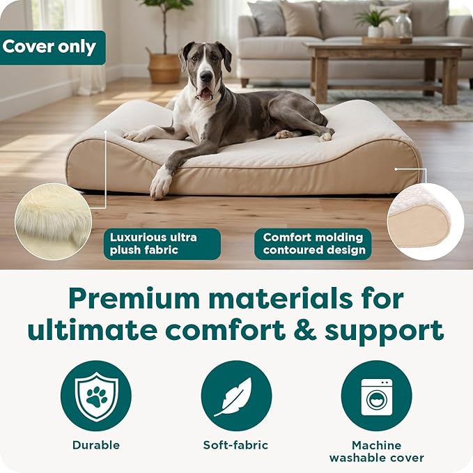 FurHaven Replacement Dog Bed Cover, Contour Luxe Lounger Design, Soft & Breathable Fabric for Cozy Comfort, Machine Washable, Jumbo Plus XXL, Ultra Plush Faux Fur & Suede, Cream