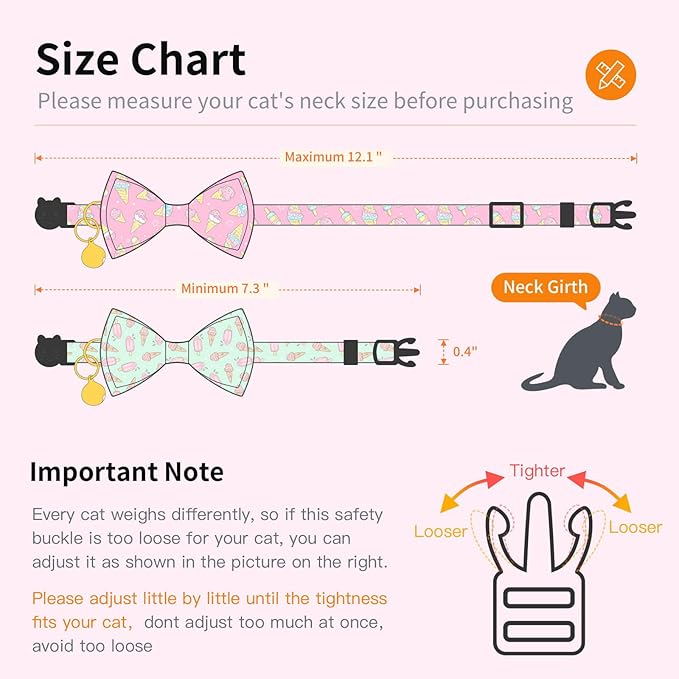 2 Pack Cotton Cat Collar with Bow Tie and Bell for Girl Boy Cats,Cute Pink Flamingo and Blue Whale Pattern Spring Summer Breakaway Cat Collar for Male Female Cats (Ice Cream)