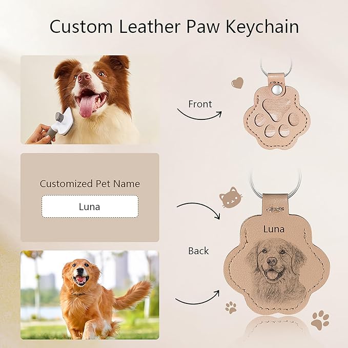 Personalized Pet Memorial Gifts for Dogs,Custom Name Pet Paw-Shaped Leather Keychain, Fur Keepsake, Handmade Key Holder for Rabbit, Hamster, and Kittens Fur