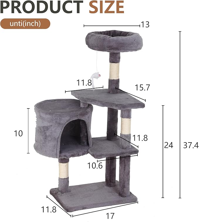 FDW | 36" Cat Tree Tower | Light Gray | Multi-Level Indoor Activity Center with Sisal Scratching Posts, Condos, Plush Perches, Hanging Cat Toys | Sturdy, Easy to Assemble | for Kittens & Adult Cats