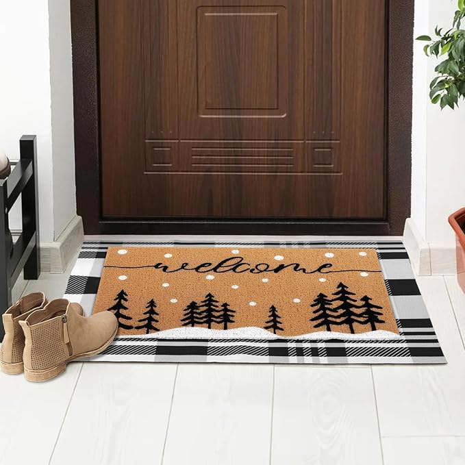 Tinideya 2 Pcs Door Mat Welcome Non Slip Coir Mats Floor Layering Doormats Seasonal for Front Porch Entryway Decor(Snowy Tree)