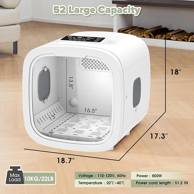 52L Automatic Pet Dryer Box with 5 Modes, Hands-Free Pet Grooming Dryer for Cats & Dogs, Adjustable Temperature & Wind Speed, Low Noise, Safety Features, Timer & Interior Light