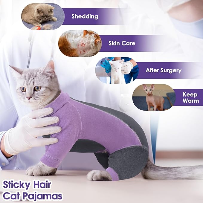 SUNFURA Hair Sticky Cat Clothes, Cat Sweater for Cats Only, 4-Legged Fleece Sweaters Kitten Pajamas Reduce Shedding Fur, Warm Pullover Shirts for Cats, Purple L