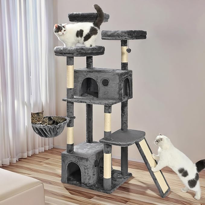 Amazon Basics Large Cat Tree Tower, Multi-Level Activity Center with 2 Large Condos, Multiple Sisal Scratching Posts and Hanging Pompoms, Gray, 68 Inches