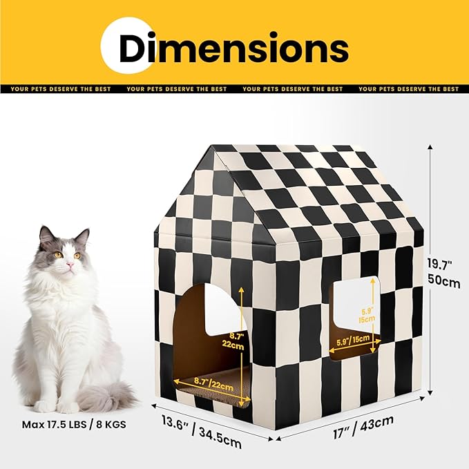 Cardboard Cat House with Scratch Pad & Catnip, Cat Play Scratching House for Indoor Hideaway Furniture, Heavy Duty Sturdy Cardboard Scratcher, Easy to Assemble Birthday Gift, Large