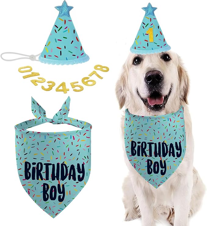 Dog Birthday Bandana Set, Light Blue Birthday Boy Decorations, HBD Party Supplies with Hat Bandana Numbers for Pets (Light Blue)