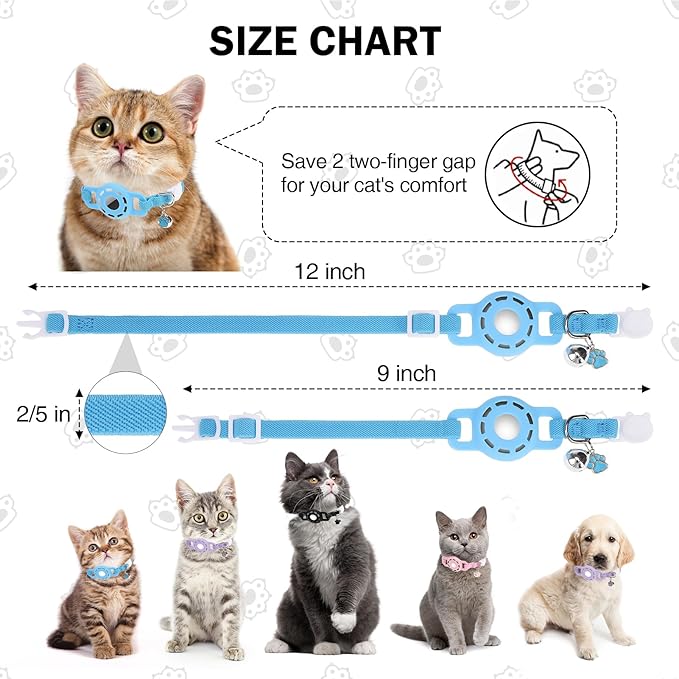 Airtag Cat Collar Breakaway, Stretchy Cat Tracker Collar with Apple Air Tag Holder for Boy Girl Cats, Elastic GPS Tracking Collars for Kittens and Puppies, Adjustable 9"-12" Blue