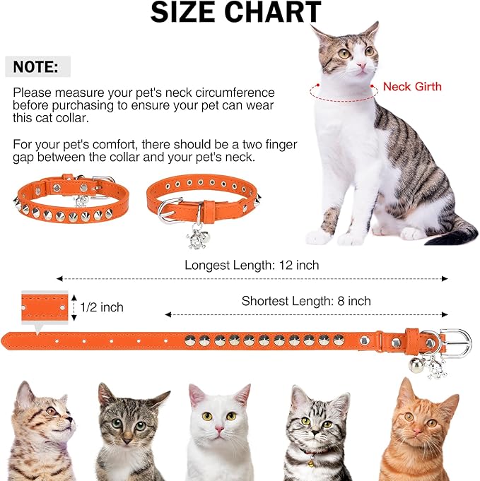 Leather Cat Collars for Boy Girl Cats with Bell and Safety Elastic Belt, Personalized Rivets Stud Adjustable Safe Buckle Collar with Skull Charm for Kitty Small Pets, Halloween Cat Collar