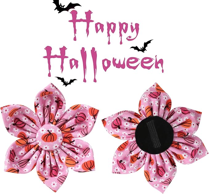 Halloween Pumpkin Dog Collar with Flower, Pink Halloween Puppy Flower Collar with Adjustable Metal Buckle,Fancy Halloween Dog Collar Bowtie Gift for Girl Boy Dog,L