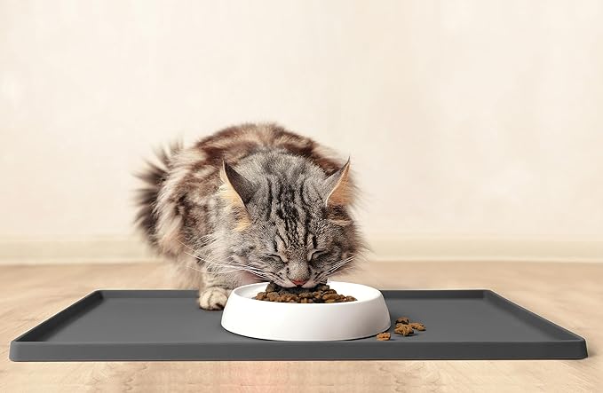 CatGuru Cat Food Mat, Small & Large Feeding Mats, 100% Waterproof Silicone Pet Placemat, Non-Slip Cat Food and Water Bowl or Water Fountain (Large, Carbon)