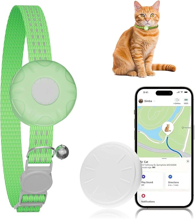 GPS Tracker for Cats, Cat Tracker Collar with Safety Elastic Buckle, Compatible with Apple Find My App (Only iOS), No Monthly Fee, Waterproof (White Tracker, Green Cat Collar)