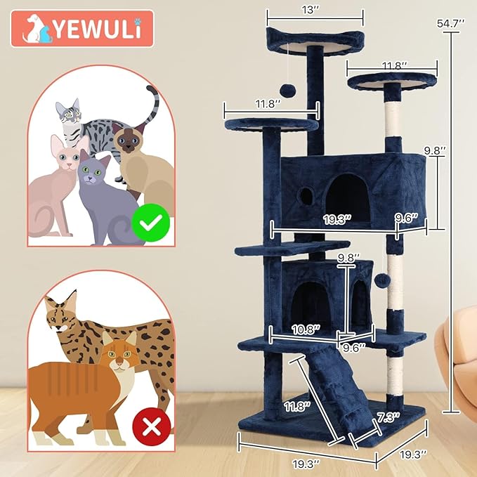 54in Cat Tree Cat Climbing Tower with Scratching Post, Cats House Perch Kitten Tree Condo Wood Playhouse, Pet Trees Tower for Indoor Cats, Navy Blue
