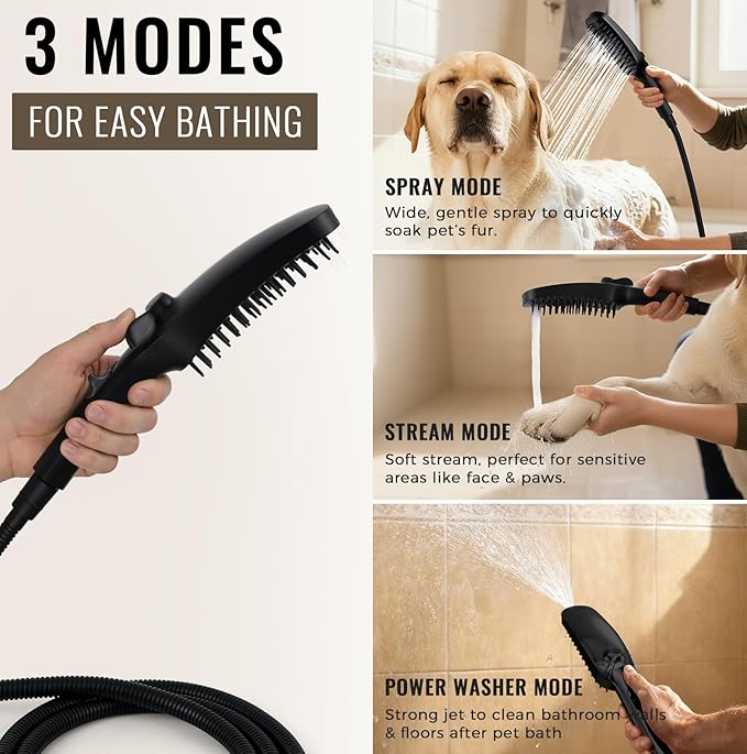 G-Promise 3 Mode Dog Shower Attachment with Pause Mode, Dog shower Sprayer with 86 Inches Stainless Steel Hose, Metal Diverter, Adhesive Holder, for Fast and Easy Dog Bathing and Cleaning(Matte Black)