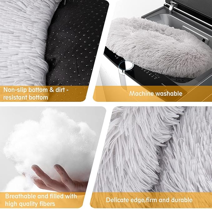 Original Calming Donut Dog and Cat Bed in Shag Fur, Dog Beds for Melium Dogs, Anti Anxiety Round Fluffy Plush Faux Fur Pet Bed 31''×31''