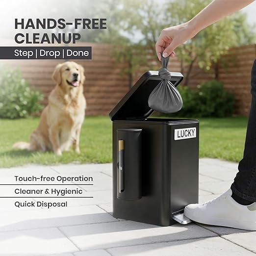 Dog Poop Trash Can Outside, 6L Metal Outdoor Dog Waste Bin with Lid & Soft Close Pedal, Pet Waste Container with Charcoal Filter, Removable Inner Bucket, Bag Holder, Stickers & Custom Name Plate
