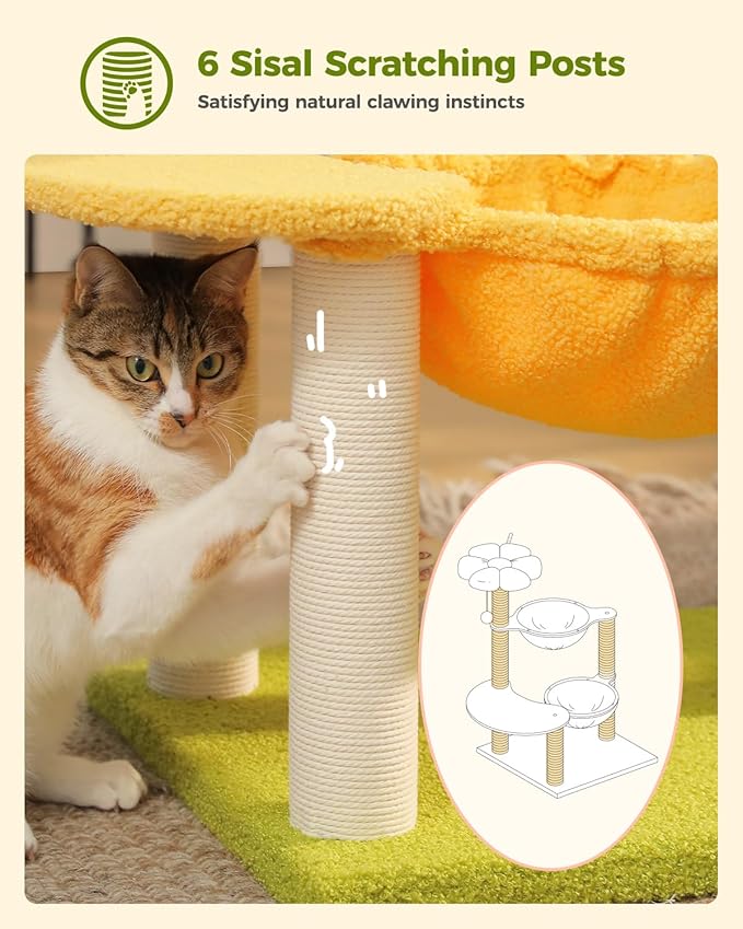 Flower Cat Tree with 2 Large Hammocks, 37.4" Small Cat Tower for Indoor Kitty with 6 Scratching Posts, Cute Cat Tree with Flower Top Perch, Yellow