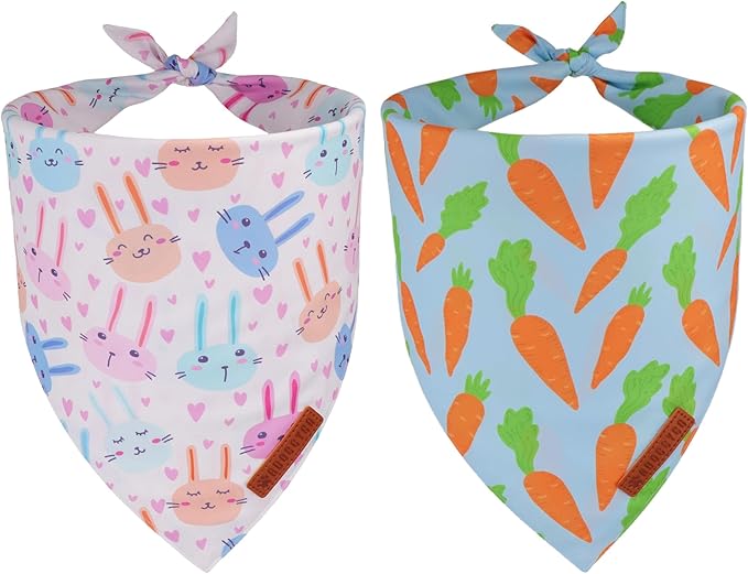 ADOGGYGO Easter Dog Bandanas 2 Pack, Reversible Bunny Carrot Print Puppy Scarf, Premium Fabric, Adjustable Fit Easter Bandana for Small Dogs (Small)