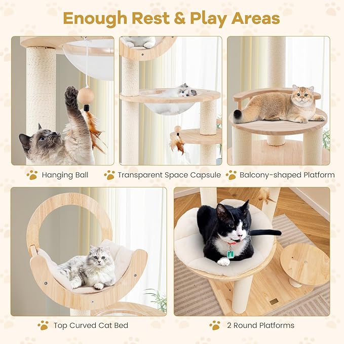 Nightcore 57” Tall Solid Wood Cat Tree for Indoor Cats, Building Block Kitten Tower w/Perch, Scratching Posts, Washable Cushions, 4 Install Options, Multi-Level Cat Activity Center Climbing Furniture
