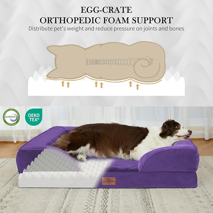 Comfort Expression Orthopedic Dog Bed for Large Dogs 36x27 Inch, Waterproof Egg Crate Foam Large Pet Bed with Removable Bolsters, Dog Couch with Washable Cover & Non-Slip Bottom, Deep Purple