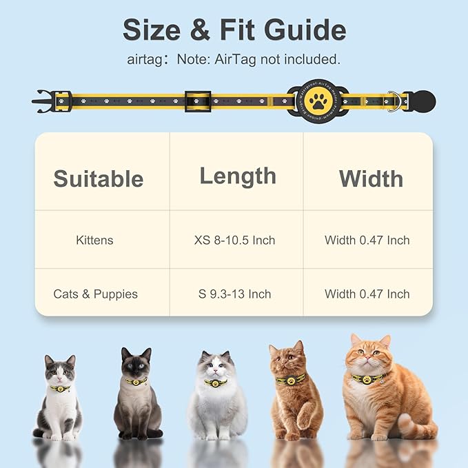 Airtag Cat Collar Breakaway, Reflective Cat Collar with AirTag Holder and Bell, Compatible with Apple Air Tag, Comfortable Padding, Adjustable, Durable (Yellow, XS)